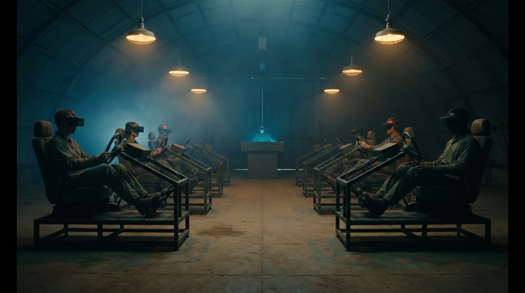 Hall of VRMMDS driving simulators with trainees in VR headsets